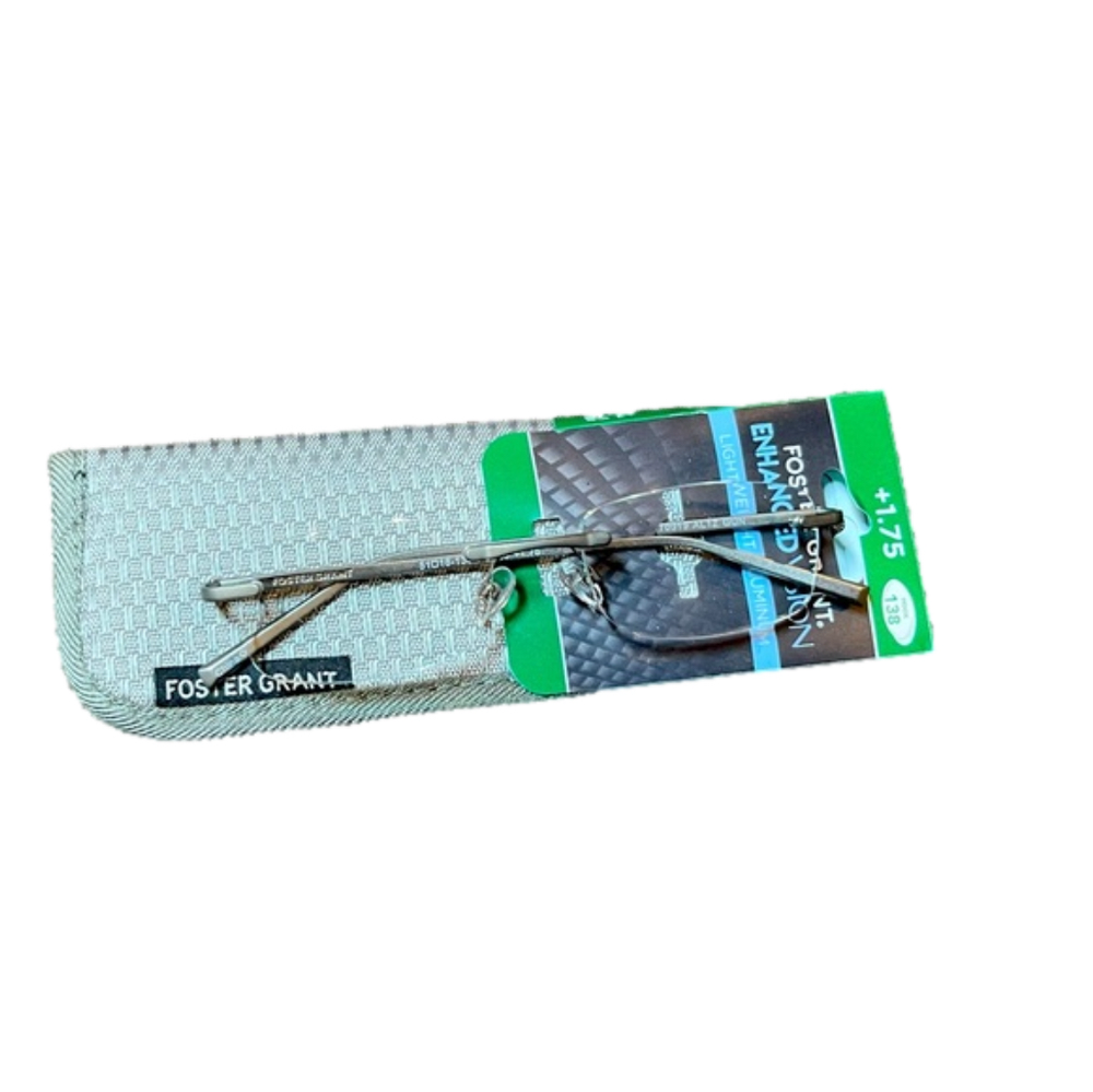 FOSTER GRANT ENHANCED VISION metal frame frameless reading glasses. NEW. +1.75
